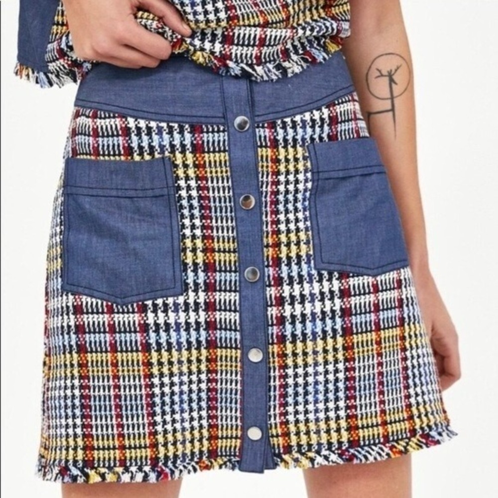 ZARA WOMEN'S MINI SKIRT BLOGGER TWEED MULTI DENIM POCKETS FRONT SNAPS 2417/604 L